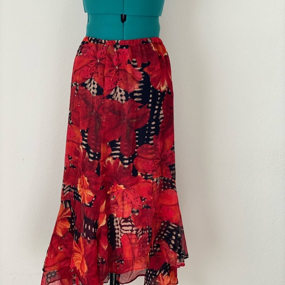 Red Black Floral Ruffle chiffon skirt size M/L - Picture 9 of 12